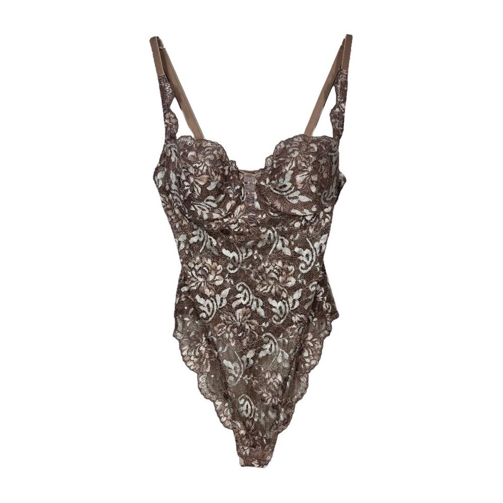 Natori Lace Teddy Bodysuit 34B New NWT Taupe Sheer Romantic Scalloped 90457
